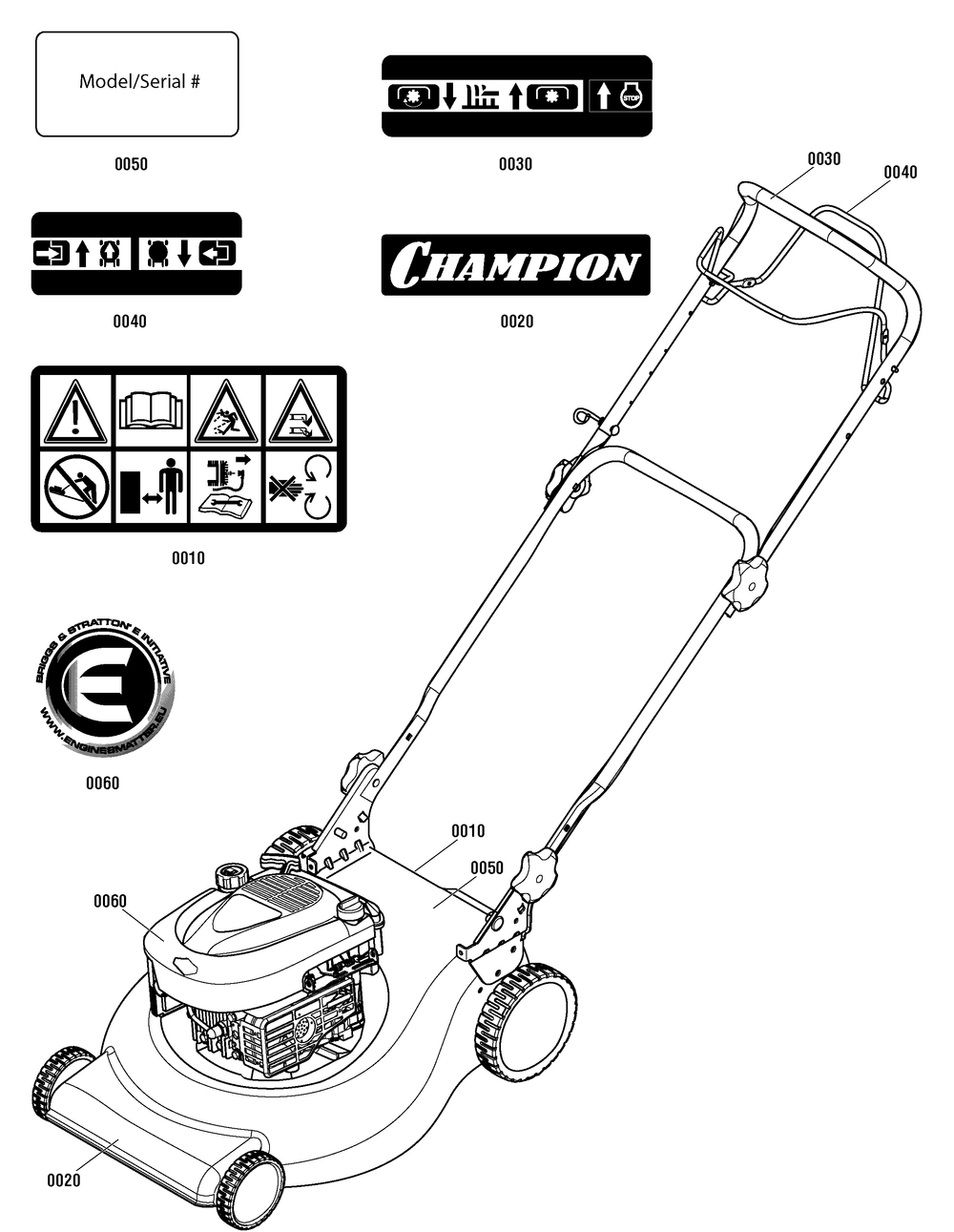 Decal Group, Champion (881654) Diagram and Parts List for 881579-CXM550E 2013 Briggs and Stratton Lawn Mower